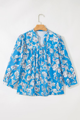 Sky Blue Vintage Floral Print V-Neck Bubble Sleeve Blouse