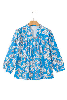 Sky Blue Vintage Floral Print V-Neck Bubble Sleeve Blouse