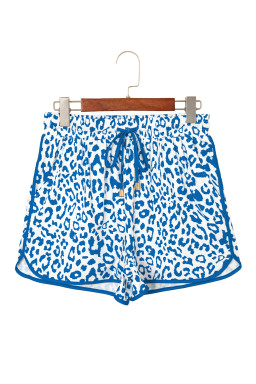 Blue Leopard Elastic Waist Lace up Contrast Trim Casual Shorts