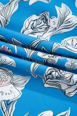 Sky Blue Vintage Floral Print V-Neck Bubble Sleeve Blouse