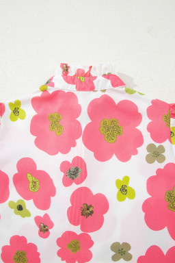 Pink Floral Ruffle Sleeve Striped Button Collar Blouse