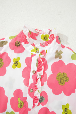 Pink Floral Ruffle Sleeve Striped Button Collar Blouse