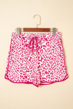 Pink Leopard Elastic Waist Lace up Contrast Trim Casual Shorts
