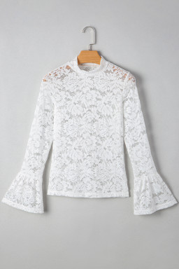 White Lace Crochet Bell Sleeve Mock Neck Blouse