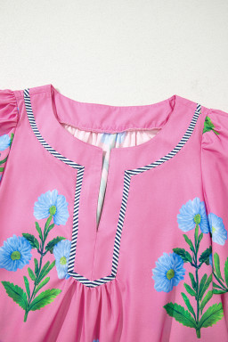Rose Striped Trim Short Sleeve Split Neck Floral Mini Dress