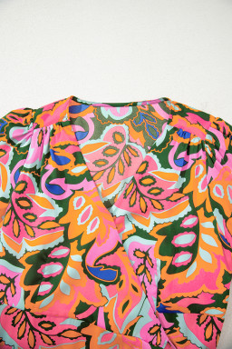 Rose Tropical Plant Print Surplice V Neck Ruffle Hem Maxi Dress