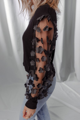 Black Flower Applique Mesh Long Sleeve V Neck Top