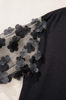 Black Flower Applique Mesh Long Sleeve V Neck Top