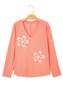 Fresh Salmon Floral Patched V Neck Long Sleeve Top