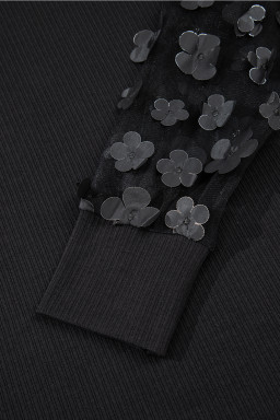 Black Flower Applique Mesh Long Sleeve V Neck Top