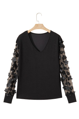Black Flower Applique Mesh Long Sleeve V Neck Top