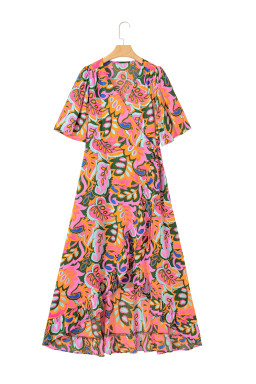 Rose Tropical Plant Print Surplice V Neck Ruffle Hem Maxi Dress