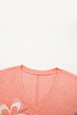 Fresh Salmon Floral Patched V Neck Long Sleeve Top