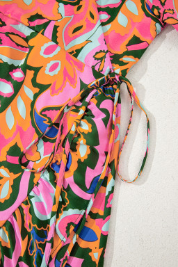 Rose Tropical Plant Print Surplice V Neck Ruffle Hem Maxi Dress