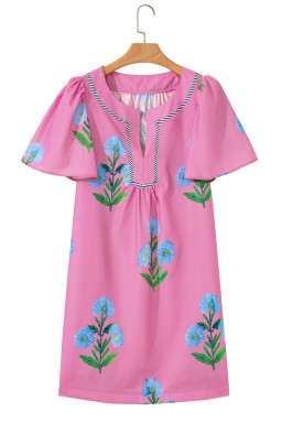 Rose Striped Trim Short Sleeve Split Neck Floral Mini Dress
