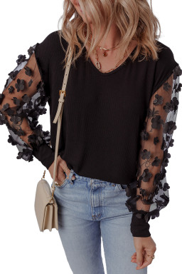 Black Flower Applique Mesh Long Sleeve V Neck Top