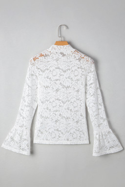 White Lace Crochet Bell Sleeve Mock Neck Blouse