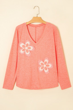 Fresh Salmon Floral Patched V Neck Long Sleeve Top