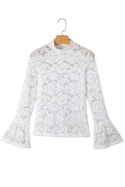 White Lace Crochet Bell Sleeve Mock Neck Blouse