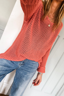 Coral Crochet Hollow-out Knit Sweater