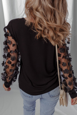 Black Flower Applique Mesh Long Sleeve V Neck Top