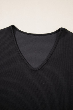 Black Flower Applique Mesh Long Sleeve V Neck Top