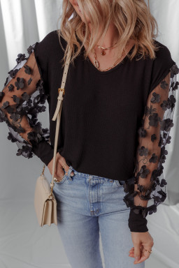 Black Flower Applique Mesh Long Sleeve V Neck Top
