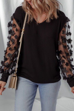 Black Flower Applique Mesh Long Sleeve V Neck Top