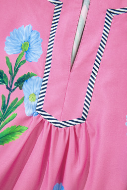 Rose Striped Trim Short Sleeve Split Neck Floral Mini Dress