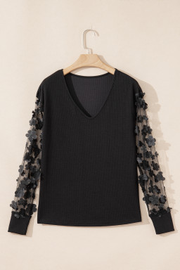 Black Flower Applique Mesh Long Sleeve V Neck Top
