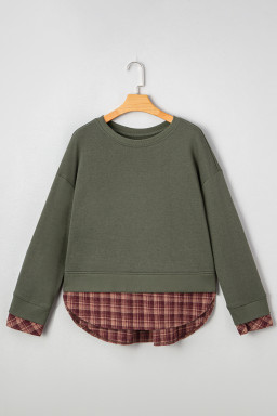 Moss Green Vintage Plaid Patchwork Drop Shoulder Sweatshirt