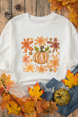 White Flower Pumpkin Heat Transfer Printing Cotton Blend Sweatshirt