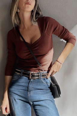 Burgundy Ruched Sweetheart Neck Ribbed Long Sleeve Top