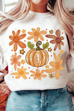White Flower Pumpkin Heat Transfer Printing Cotton Blend Sweatshirt