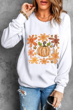 White Flower Pumpkin Heat Transfer Printing Cotton Blend Sweatshirt