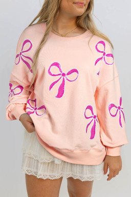 Apricot Pink Sequin Bow Drop Shoulder Oversized Sweatshirt