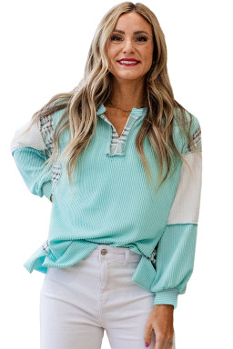 Aruba Blue Corded Texture Plaid Patchwork Split Neck Long Sleeve Top