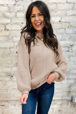 Parchment Mixed Texture Patchwork Knitted Lantern Sleeve Sweater