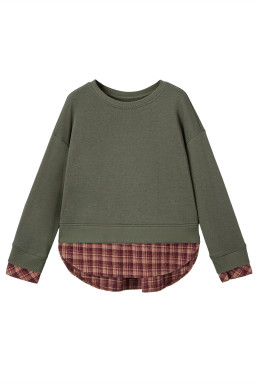 Moss Green Vintage Plaid Patchwork Drop Shoulder Sweatshirt
