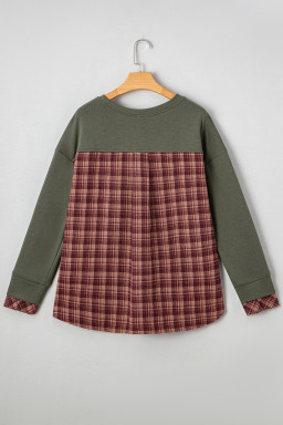 Moss Green Vintage Plaid Patchwork Drop Shoulder Sweatshirt