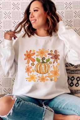 White Flower Pumpkin Heat Transfer Printing Cotton Blend Sweatshirt