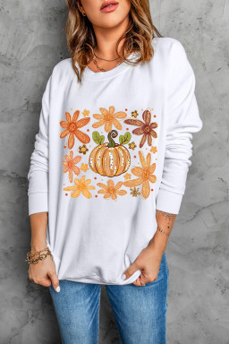 White Flower Pumpkin Heat Transfer Printing Cotton Blend Sweatshirt