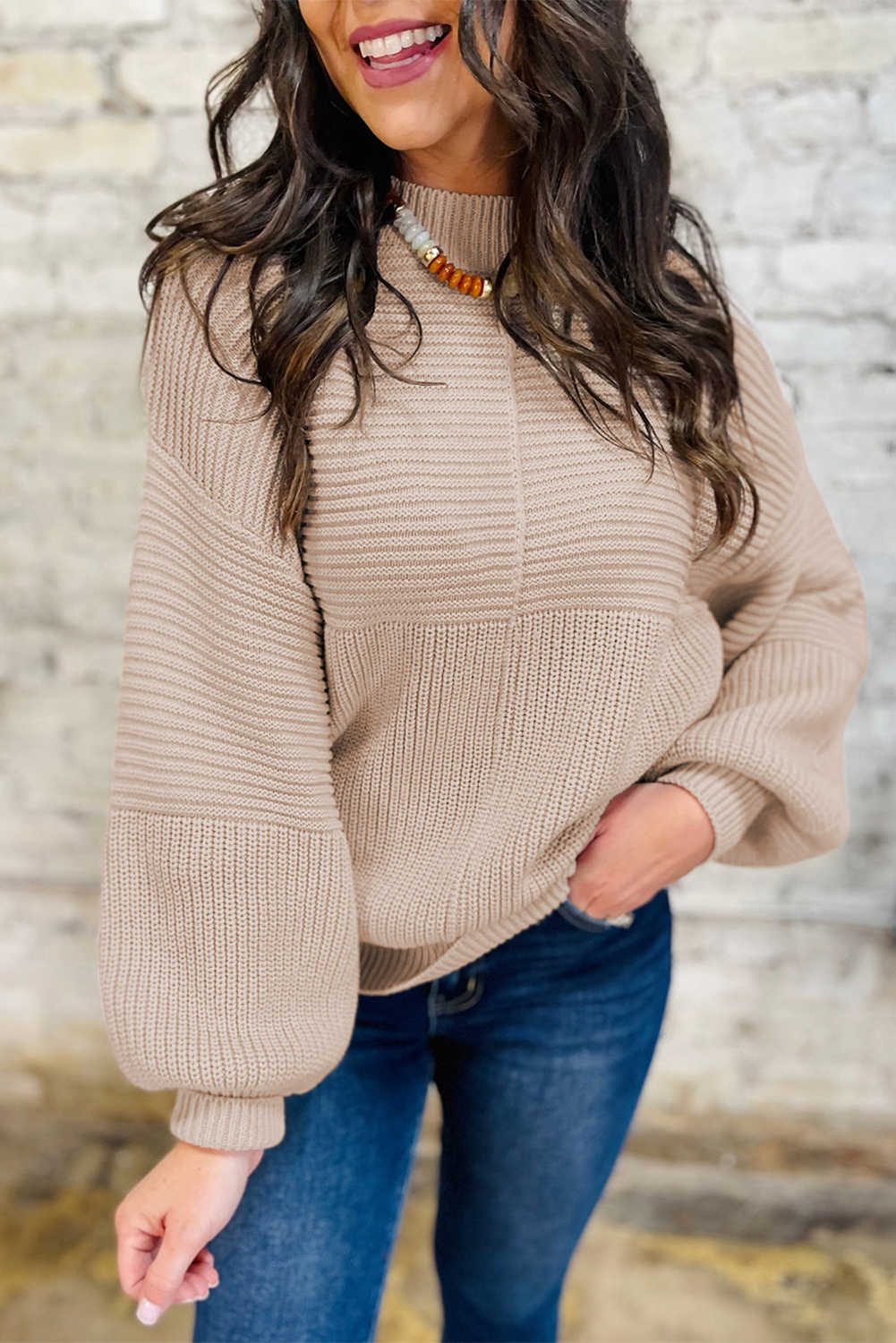 Jersei de màniga de llanterna de punt amb textura mixta de pergamí