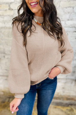 Parchment Mixed Texture Patchwork Knitted Lantern Sleeve Sweater