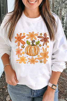 White Flower Pumpkin Heat Transfer Printing Cotton Blend Sweatshirt
