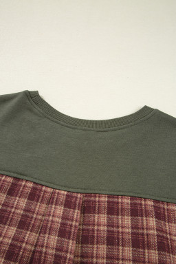 Moss Green Vintage Plaid Patchwork Drop Shoulder Sweatshirt