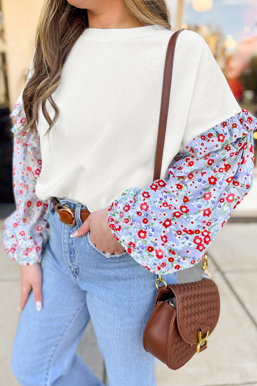 Floral Patchwork Bubble Sleeve Textured Blouse
