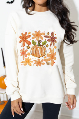 White Flower Pumpkin Heat Transfer Printing Cotton Blend Sweatshirt