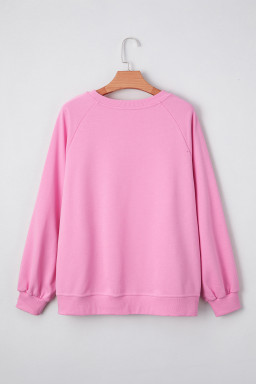 Bright Pink Lace Patchwork Raglan Sleeve Loose Fit Sweatshirt