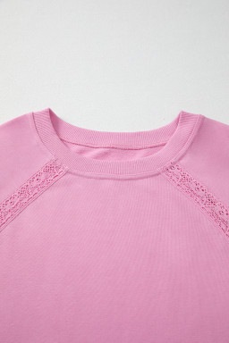 Bright Pink Lace Patchwork Raglan Sleeve Loose Fit Sweatshirt